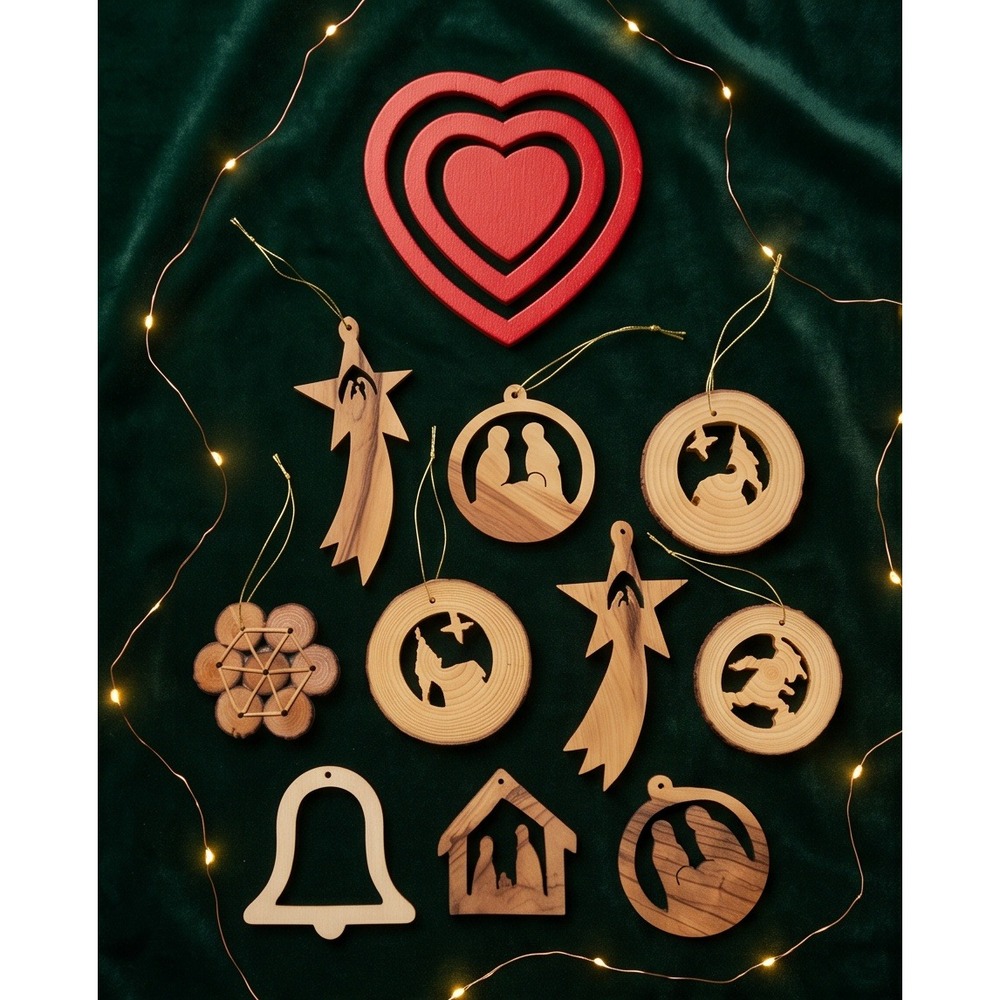 Vintage Christmas Mixed Lot Of 12 Wood Ornaments Hand Made German Nativity Heart